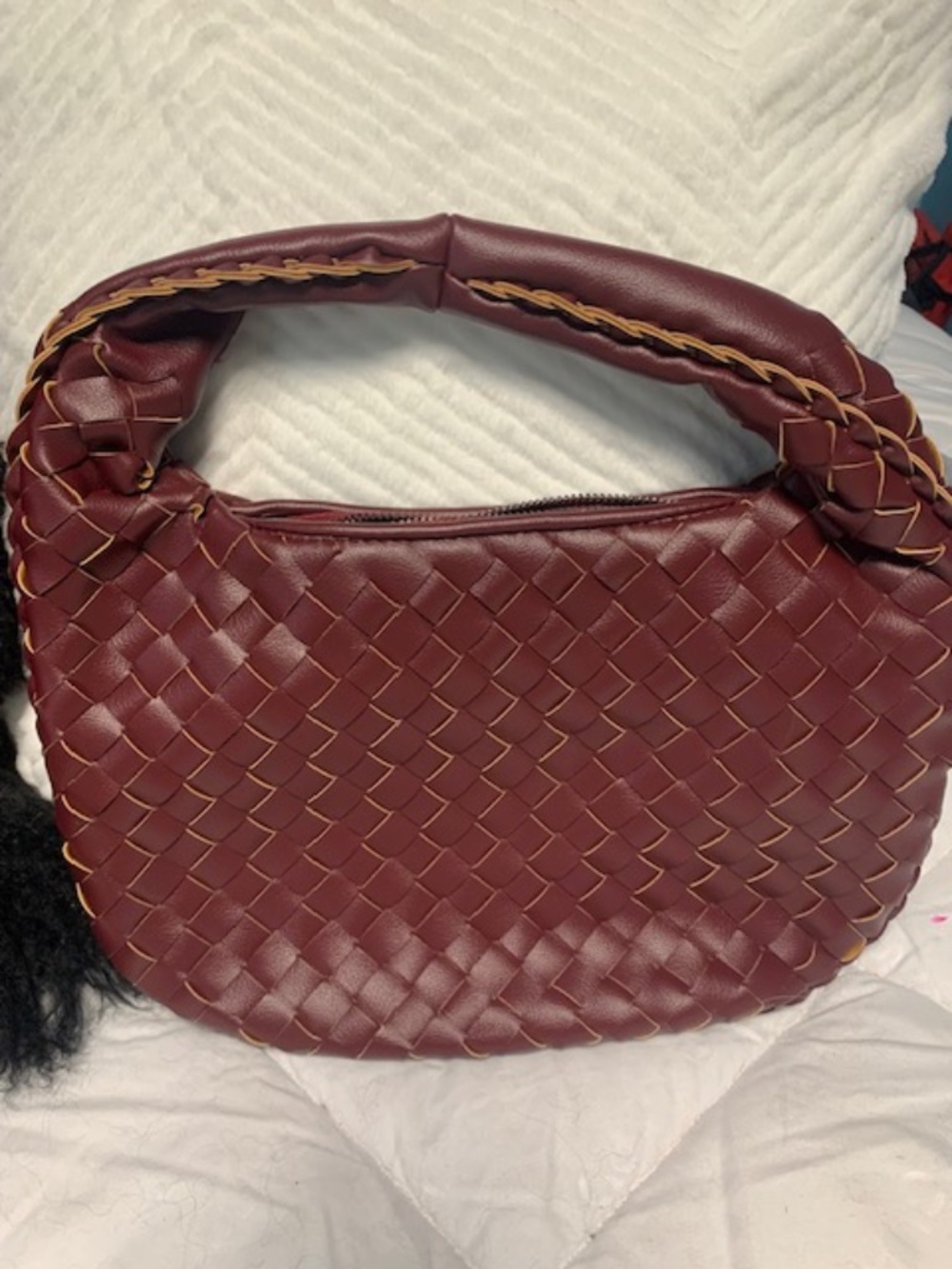 Dark burgundy woven leather bag